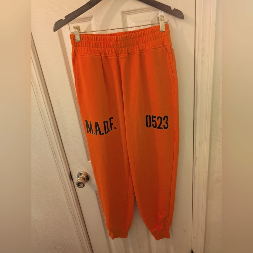 Yovela Womens Orange Baggy "MADF" Inmate Sweatpants